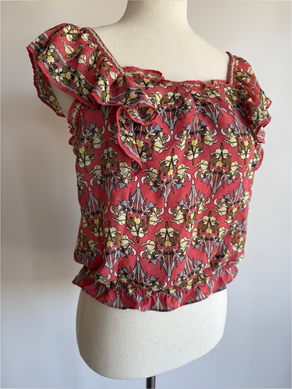 New Max Studio Cottagecore Pink floral blouse ruffles elastic waist detail S